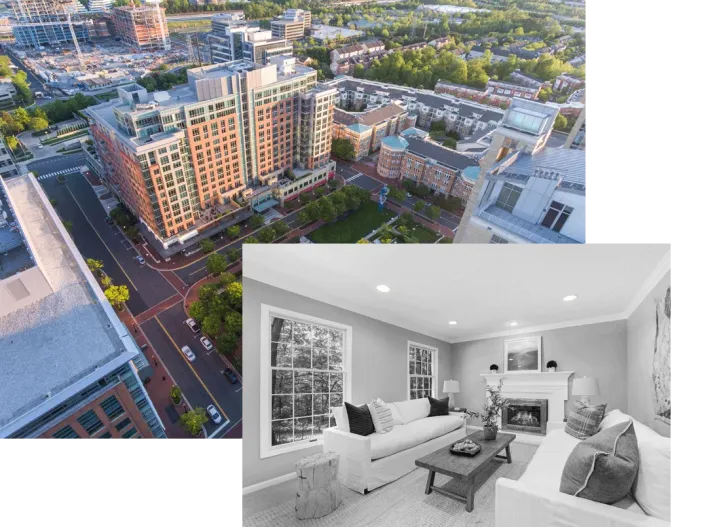 Two images that capture Reston downtown and the cozy interior of a home