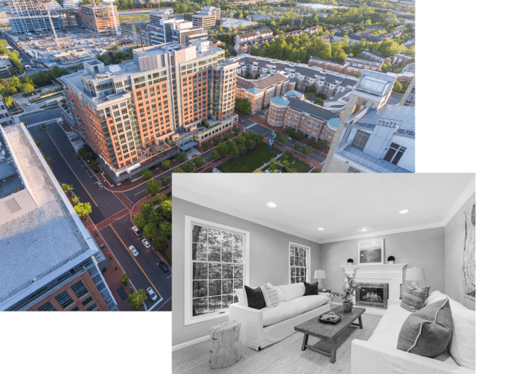 Two images that capture Reston downtown and the cozy interior of a home