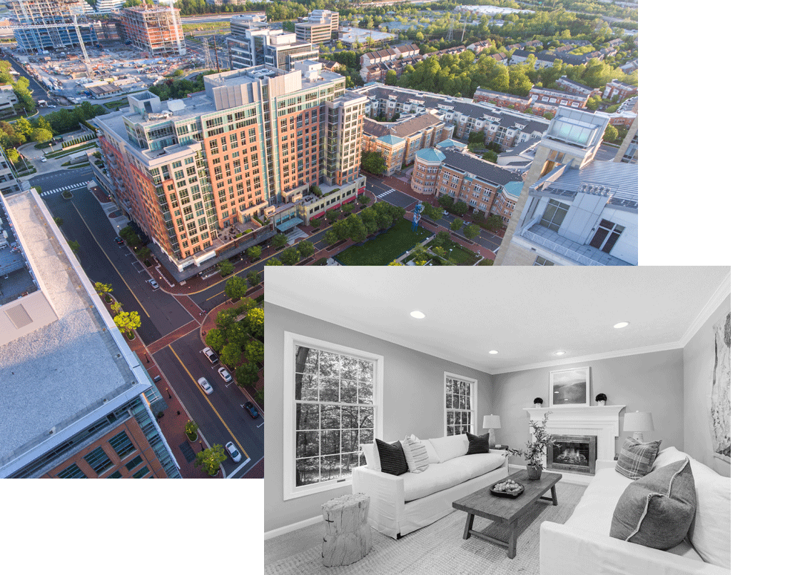 Two images that capture Reston downtown and the cozy interior of a home