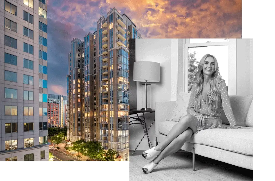 Collage capturing the city of Reston, featuring Nikki Lagouros seated with a warm smile