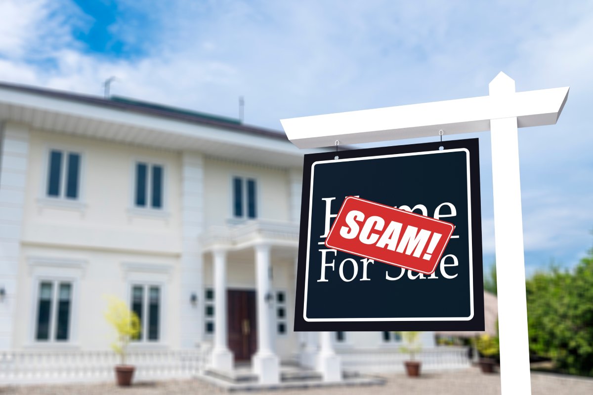 A “Scam” sticker covers the “For Sale” sign in front of a home.