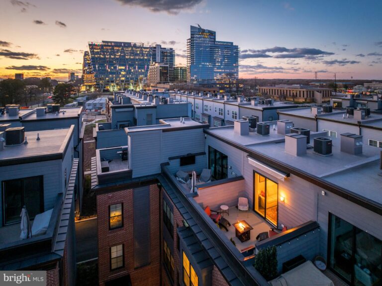 Rooftop terrace with city skyline view at dusk, 11244 Faraday Park Drive, Reston, VA
