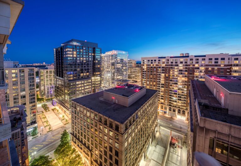 Twilight aerial panorama of Arlington, VA high-rise buildings and skyline