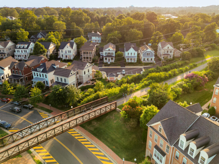 Aerial view of a Fairfax, VA residential neighborhood at golden hour