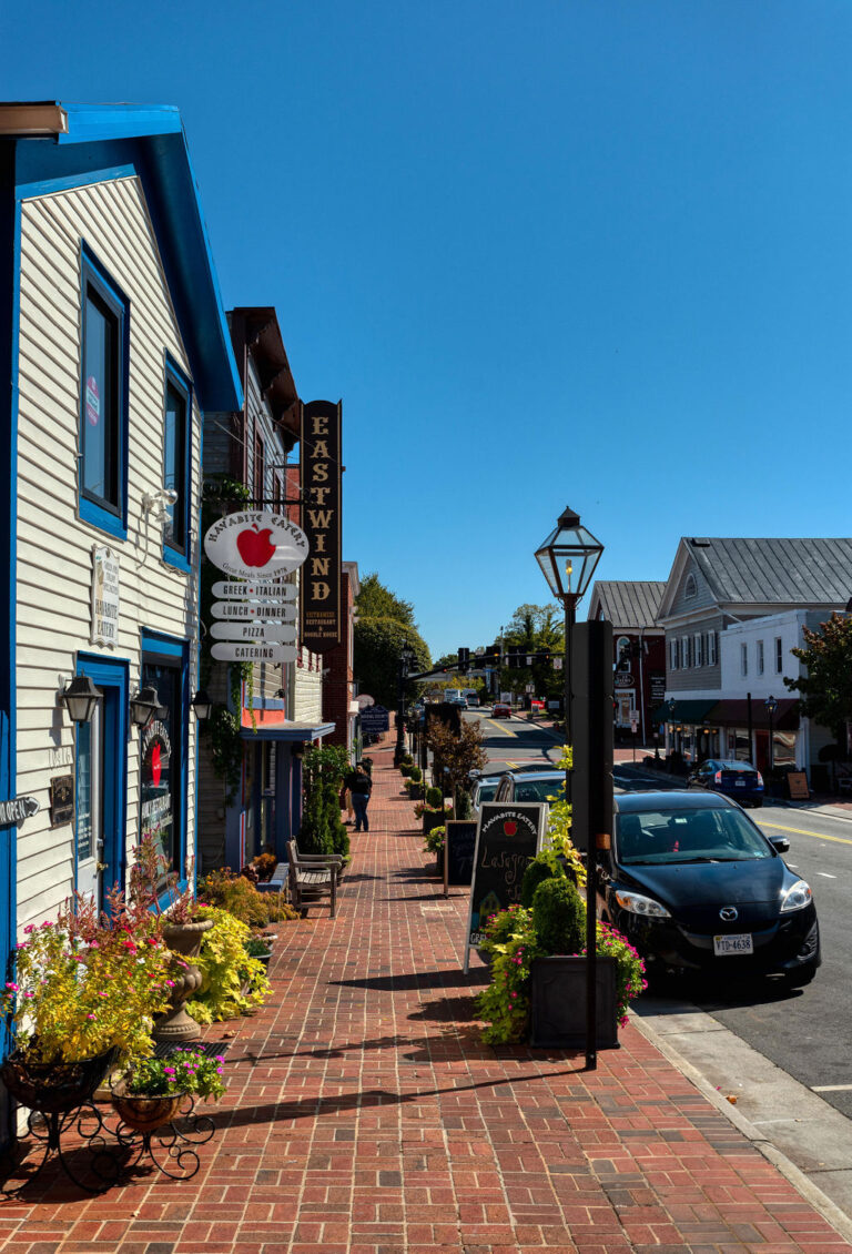 Historic downtown Fairfax, VA street lined with shops and restaurants