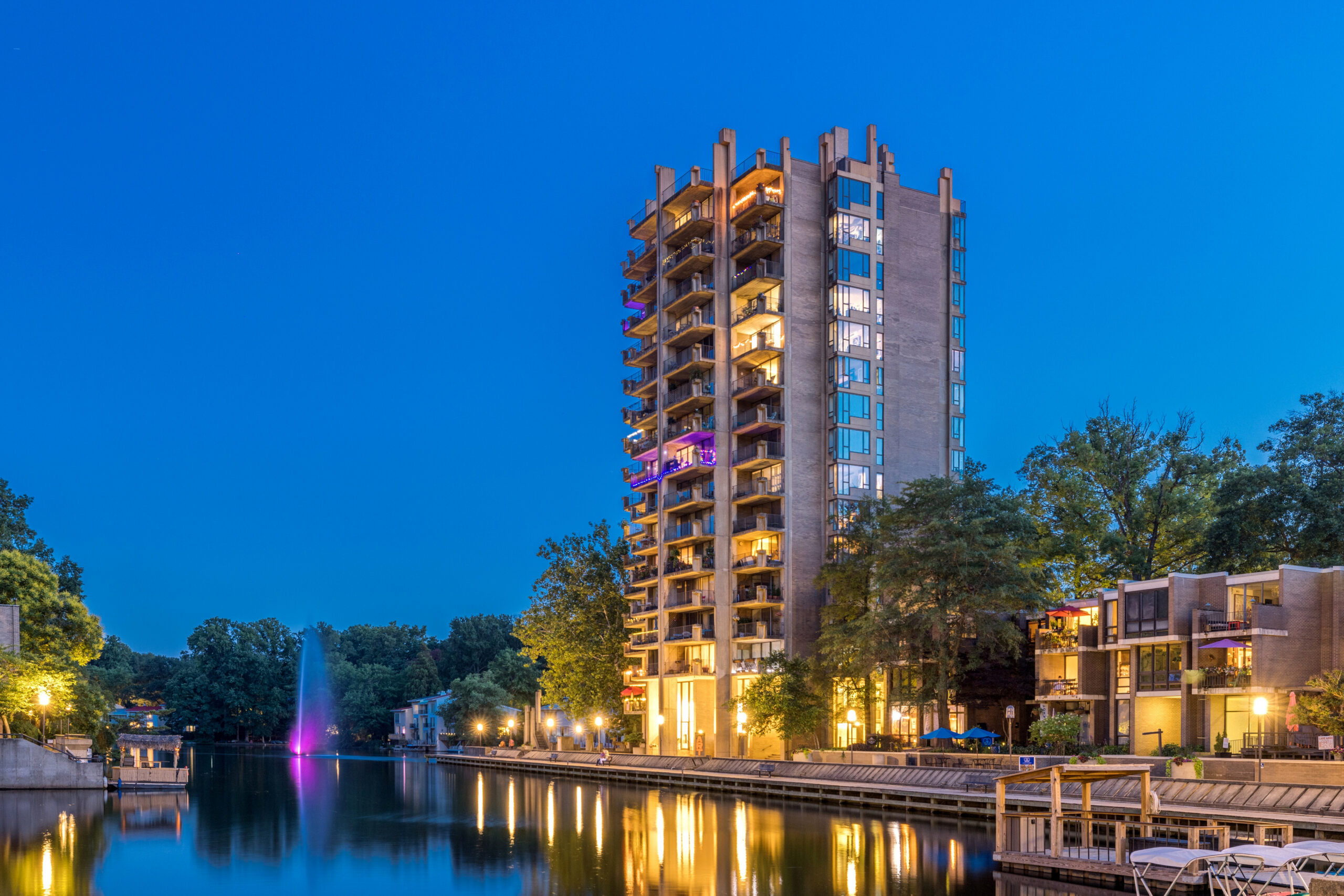 Lake Anne's Crescent Apartments tower at night, Reston, Virginia