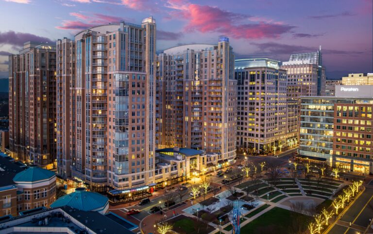 Aerial view of Reston Town Center buildings at sunset