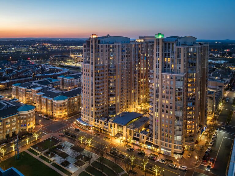 Reston Town Center high-rise buildings at dusk
