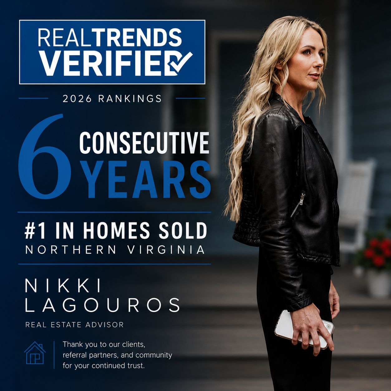 RealTrends Verified 2026 badge: Nikki Lagouros, 6 consecutive years #1 in homes sold, Northern Virginia