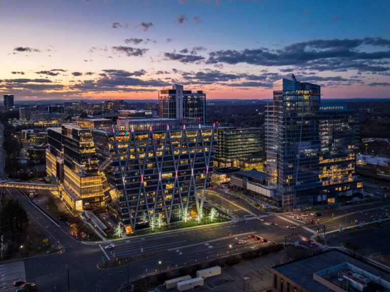 Aerial view of Reston Station and Reston Row in Reston, Virginia, at dusk