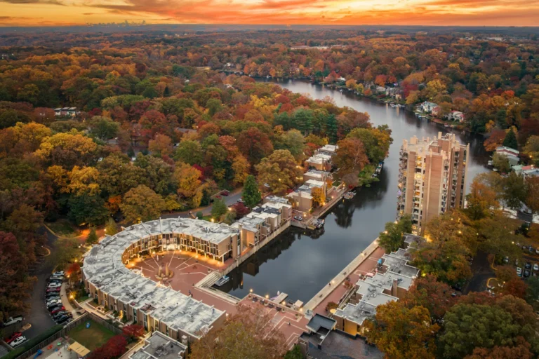 Aerial view of lakefront homes in fall in Northern Virginia