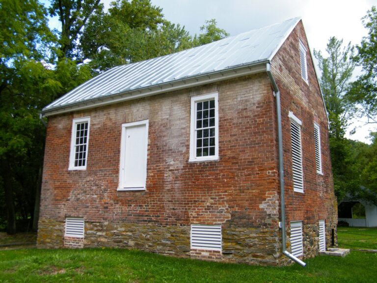 Side view of the brick Aldie Mill in the Aldie Mill Historic District, Aldie, Virginia