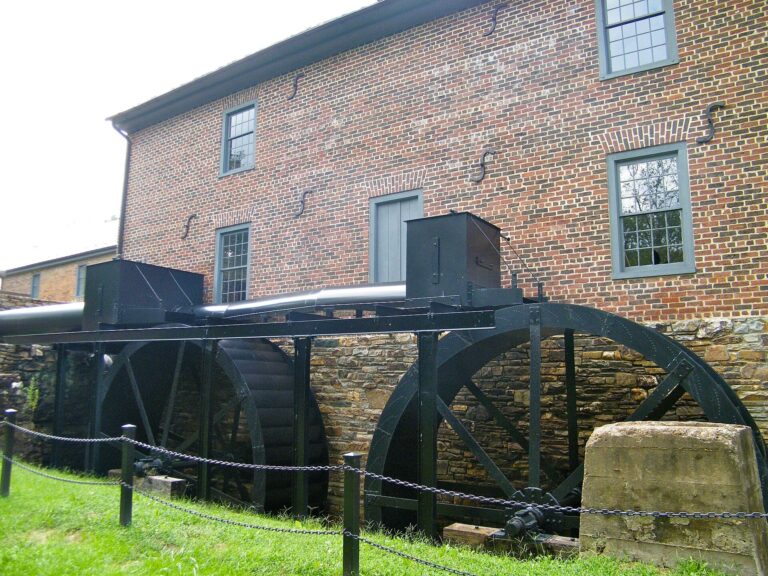 The waterwheels and brick mill building at Aldie Mill Historic Park in Aldie, Virginia