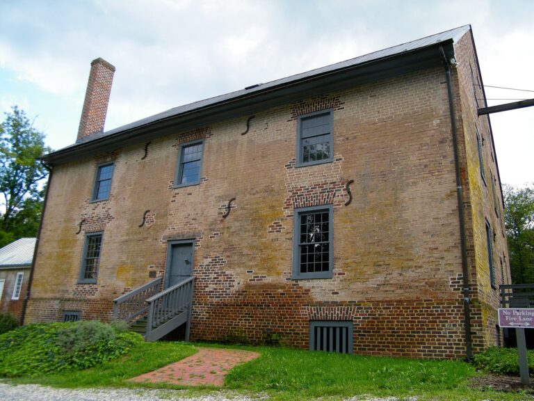Side view of the historic Aldie Mill in the Aldie Historic District, Loudoun County, Virginia