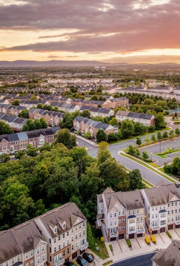 Aerial view of townhome neighborhoods in Aldie, Virginia at sunset