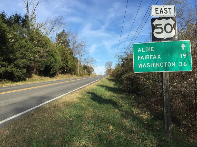 Route 50 eastbound sign listing Aldie, Fairfax and Washington, west of Aldie in Loudoun County, Virginia