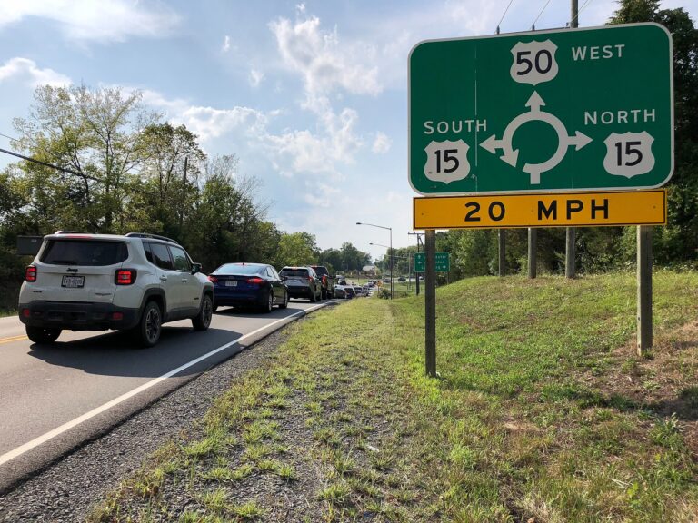 Traffic on Route 50 approaching the Route 15 roundabout at Gilberts Corner near Aldie, Virginia, August 2019