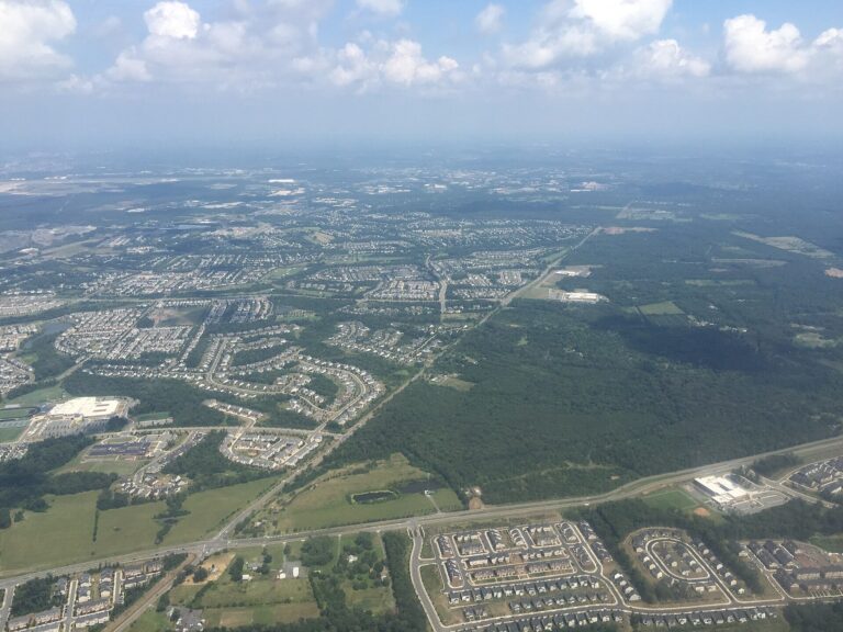 Aerial view east across Stone Ridge and South Riding along Route 50 in Loudoun County, Virginia, July 2016