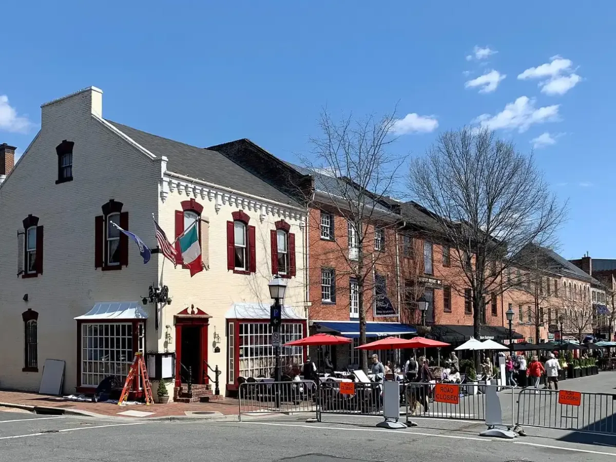 Rowhouses and shops on King Street in Old Town Alexandria, Virginia