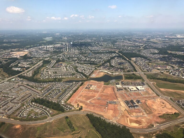 Aerial view north over Brambleton, Virginia, along the Loudoun County Parkway and Belmont Ridge Road, July 2019