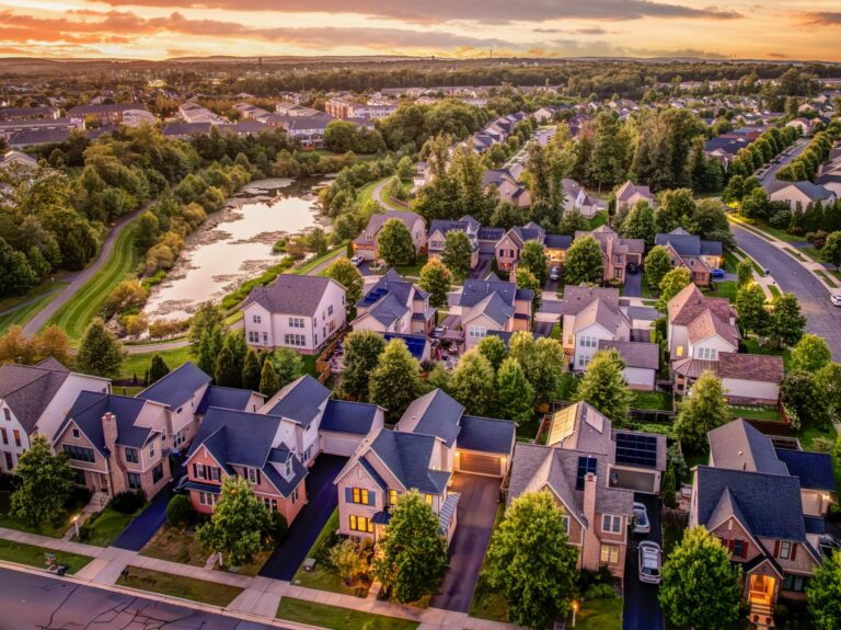 Aerial view of Brambleton neighborhoods and a stormwater pond, Brambleton, Virginia