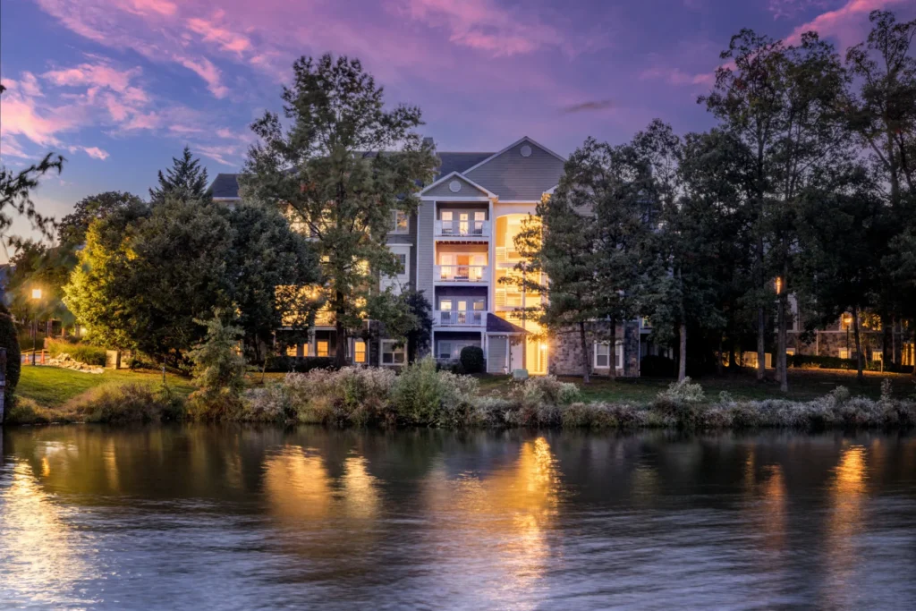 Condominium building on a pond at twilight in Northern Virginia