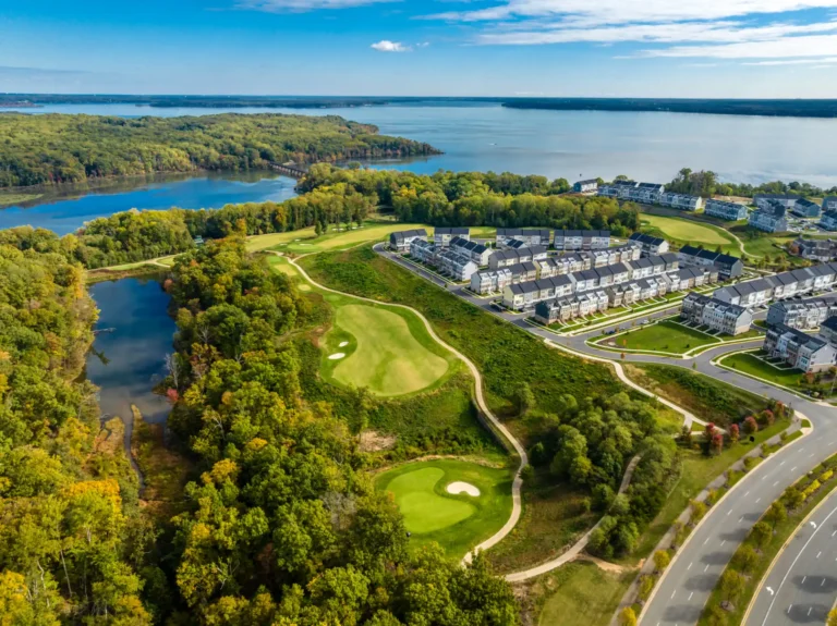 Aerial view of Potomac Shores homes, golf course and the Potomac River near Dumfries, VA
