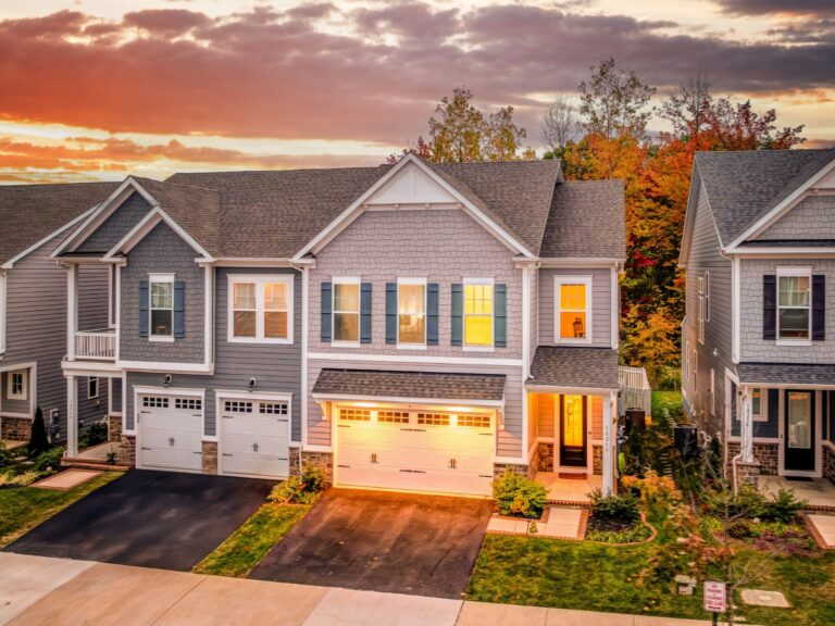 Townhomes at twilight in the Potomac Shores community of Dumfries, Virginia