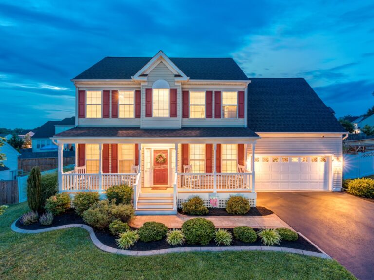 Colonial-style home at twilight in the Fredericksburg, Virginia area