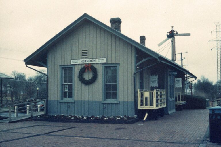 The historic Herndon Depot on the W&OD Trail decorated for the holidays, downtown Herndon, Virginia