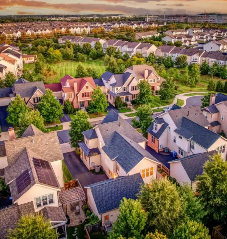 Aerial view of Brambleton, Virginia homes at golden hour