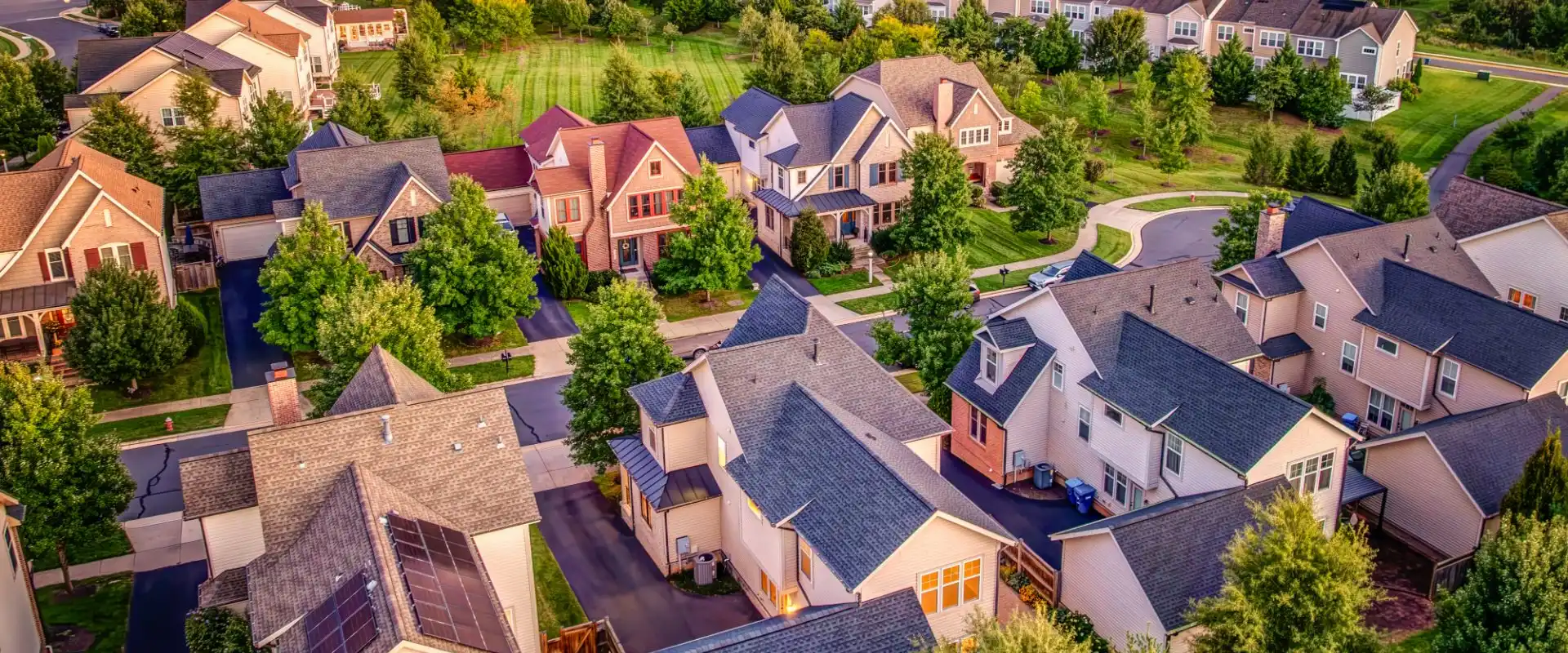 Aerial view of Brambleton, Virginia homes at golden hour