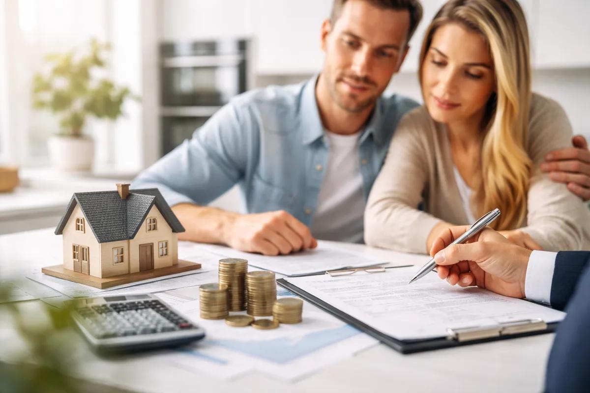 Homebuyers meeting with a real estate professional to discuss documents at an office table.