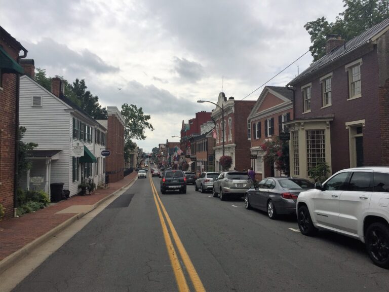 North King Street lined with historic brick and frame buildings in Leesburg, Virginia