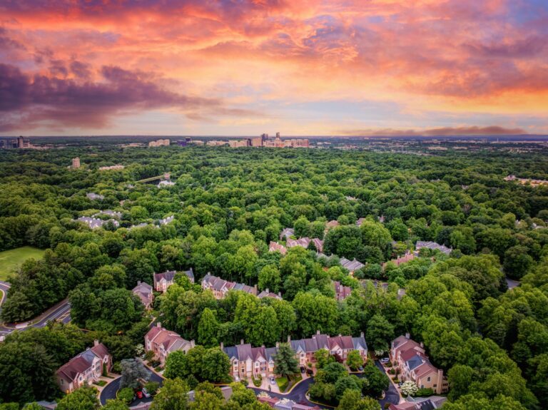 Aerial view of a wooded North Reston neighborhood at sunset, Reston, Virginia