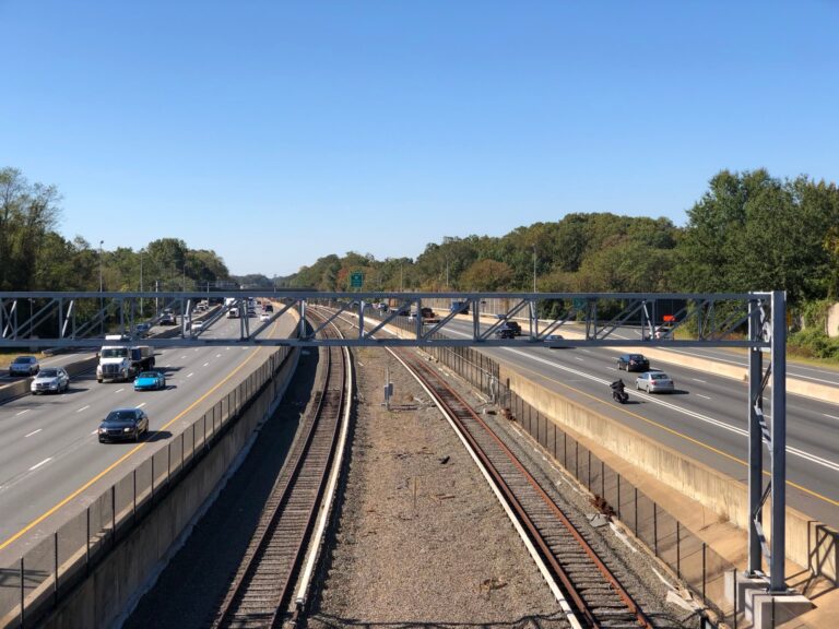 Interstate 66 and the Metro Orange Line seen from the Vaden Drive overpass in Oakton, Virginia