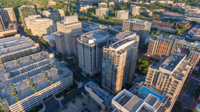 Aerial view of Reston condo and apartment towers near Reston Town Center, part of the Northern Virginia housing market