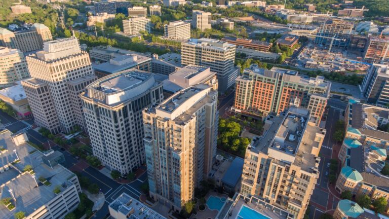 Aerial view of Reston Town Center towers and streets, home to the outdoor ice skating pavilion on Discovery Street