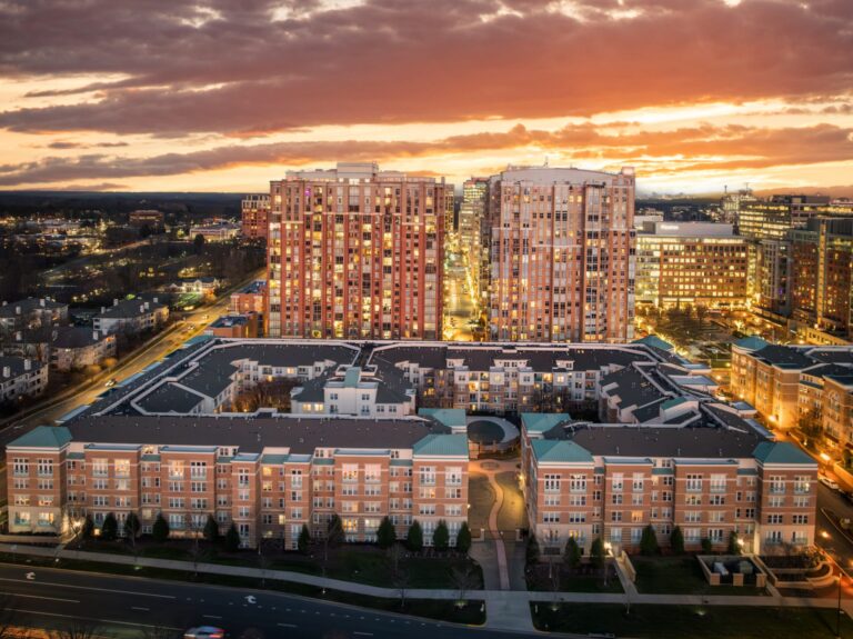 Aerial view of Reston Town Center at sunset, Reston, Virginia