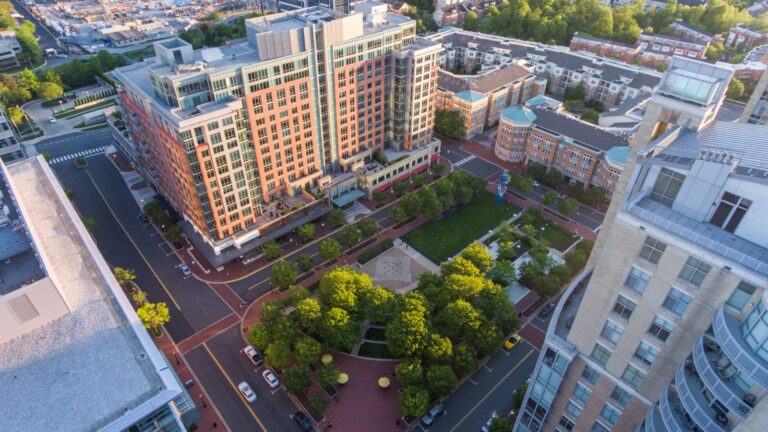 Aerial view of Reston Town Center streets and the town square park, near the Reston Holiday Parade route on Market Street